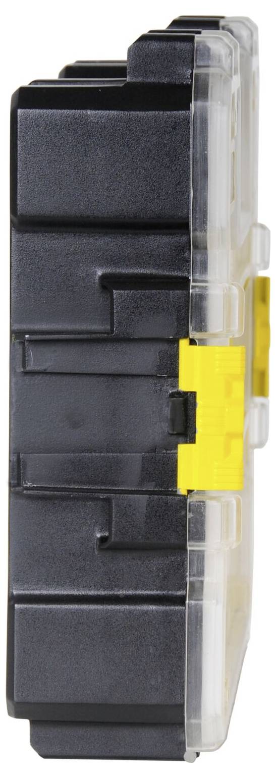 Black plastic storage box with transparent lid and yellow fastener, side view. Suitable for storing small items.