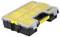 A yellow organiser with a transparent plastic cover and black handle for storing tools or small parts.