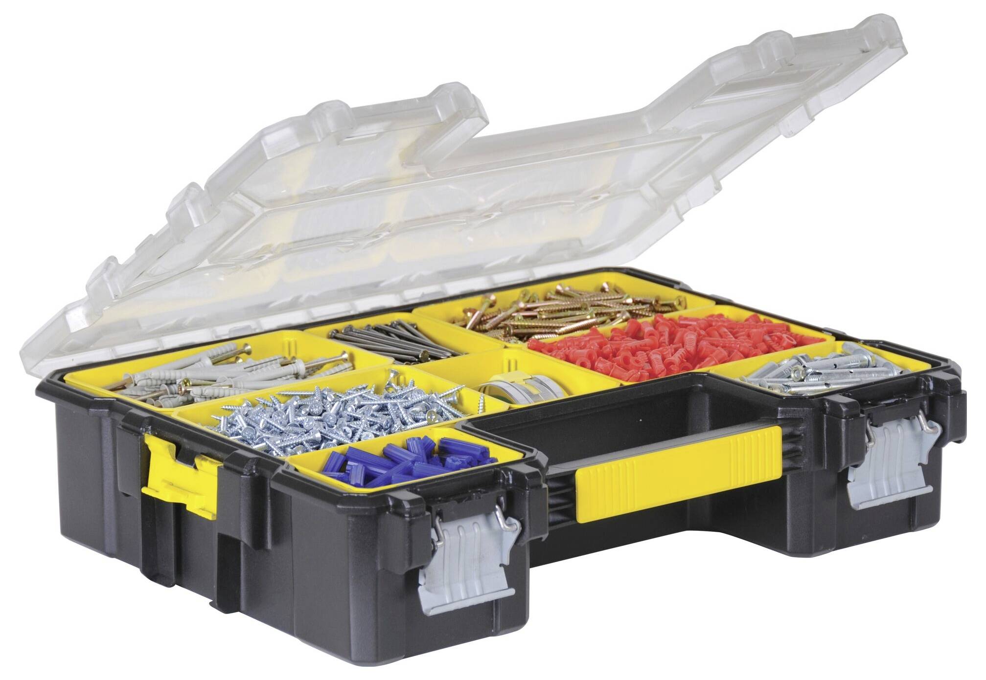 An open toolbox with multiple compartments neatly containing various screws, wall plugs and nails.