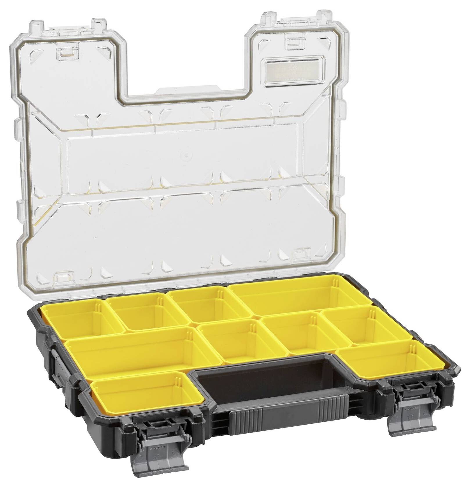 An open tool organiser with nine yellow compartments and a larger black compartment at the bottom, suitable for storing small parts.