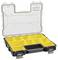 An open tool organiser with nine yellow compartments and a larger black compartment at the bottom, suitable for storing small parts.