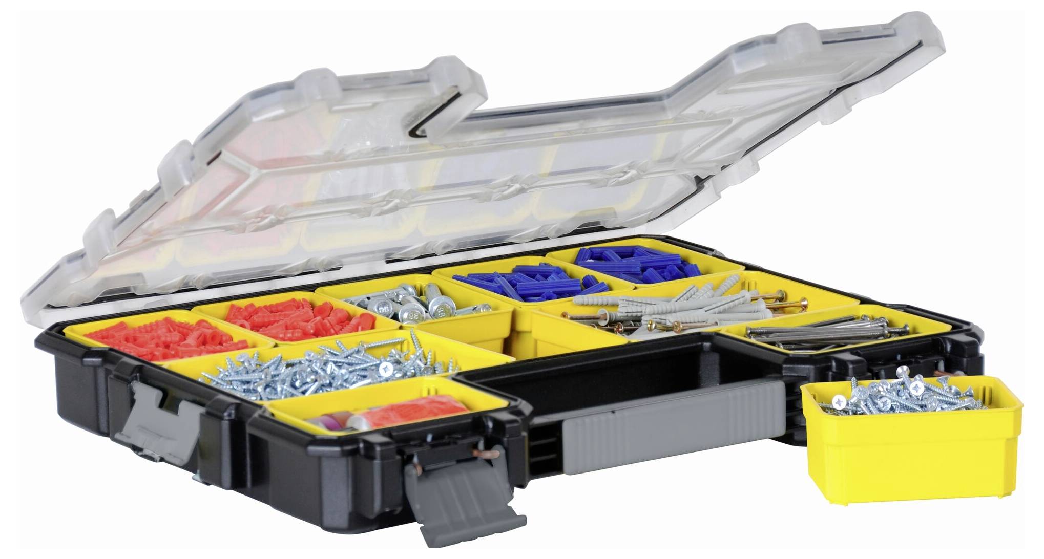 An open toolbox with yellow compartments, filled with screws, nails, and wall plugs in various colours for DIY projects.