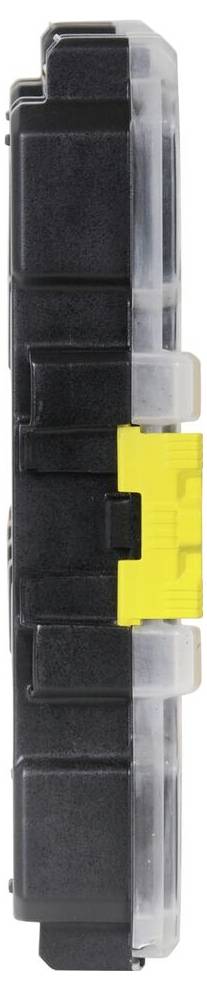 Black plastic box viewed from the side with a transparent lid and yellow fastener in the centre.