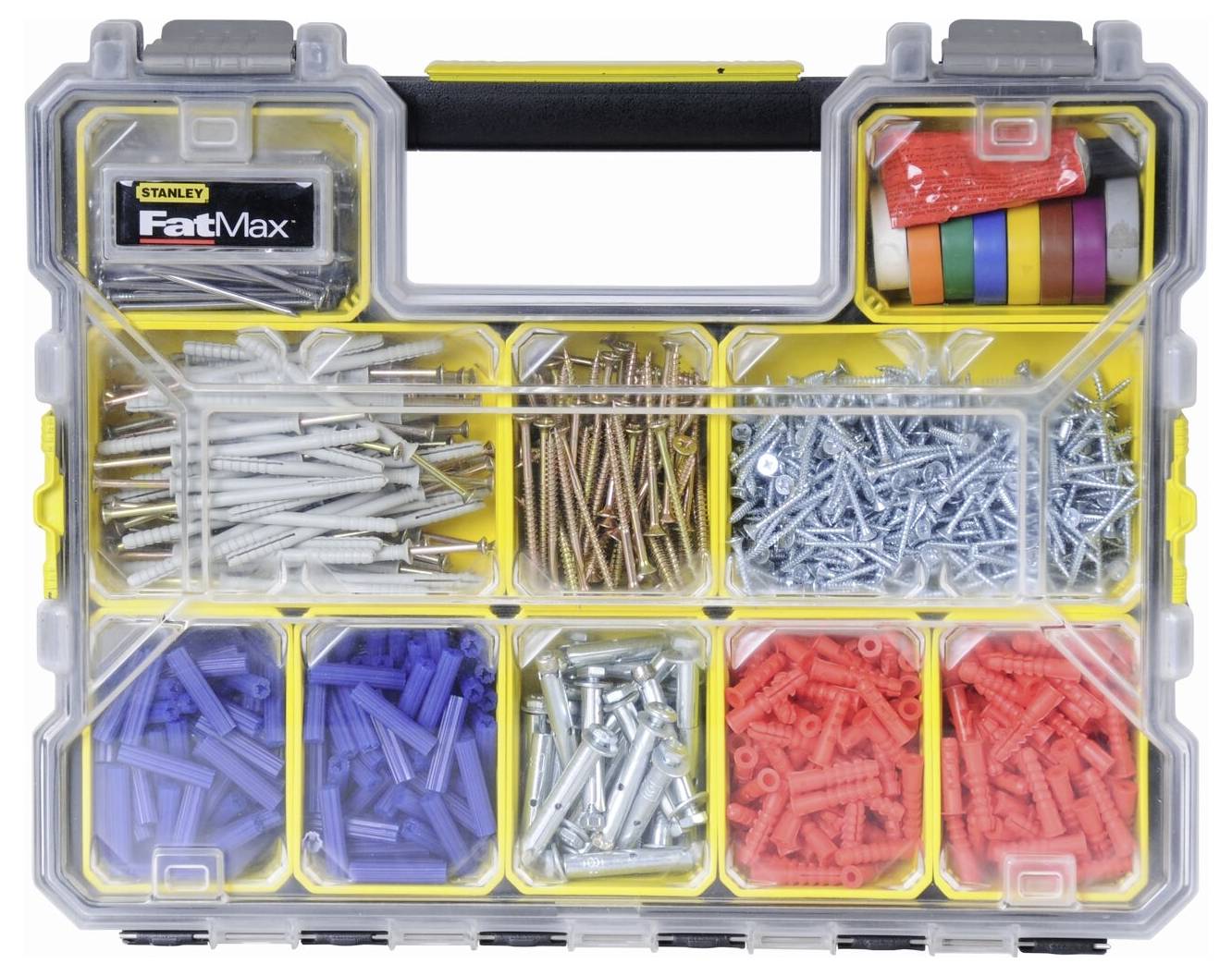A compartment box with various screws, wall plugs, and rolls of insulating tape in separate compartments. Perfect for DIY and construction projects.