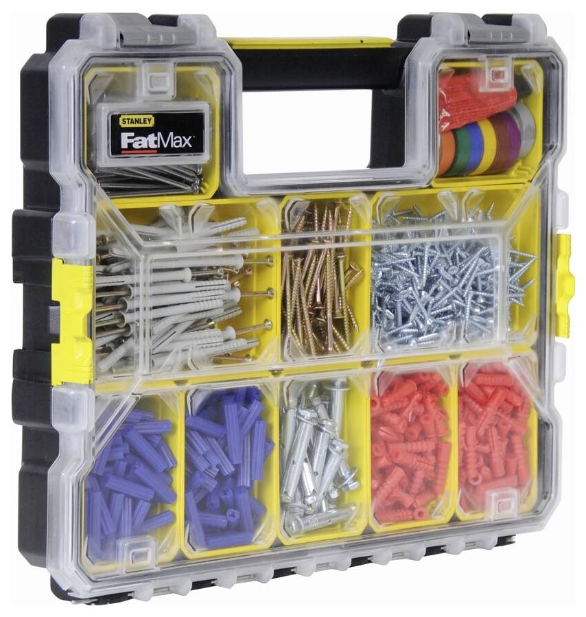 A suitcase with compartments filled with various fixing materials such as nails, screws, and wall plugs in different colours and sizes.