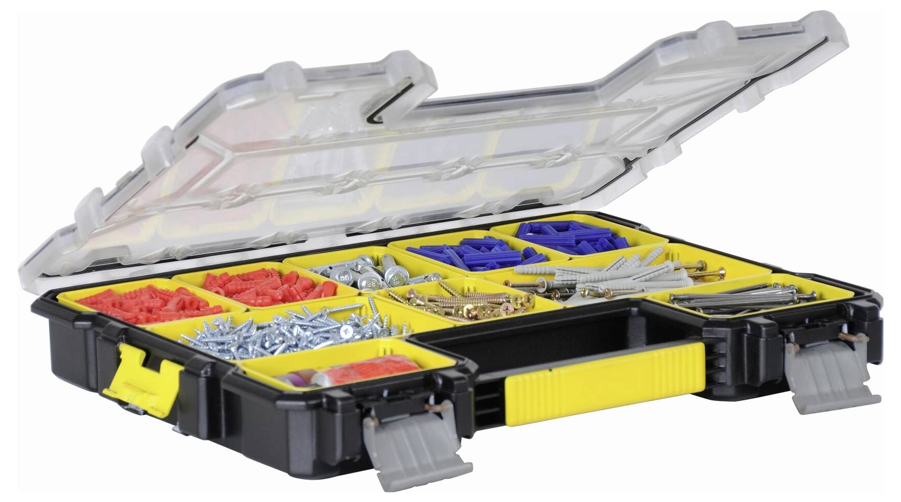'An opened toolbox with various screws and wall plugs in compartments.'