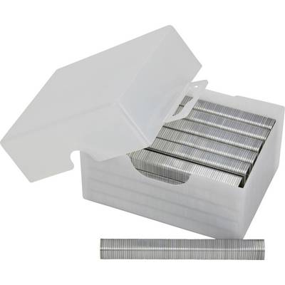 Opened plastic box with metal staples; box contains several stacked staple strips.