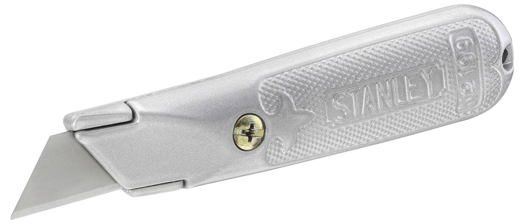 Handy silver multi-purpose penknife with a sharp, retractable blade. Handle has a non-slip surface for secure grip.