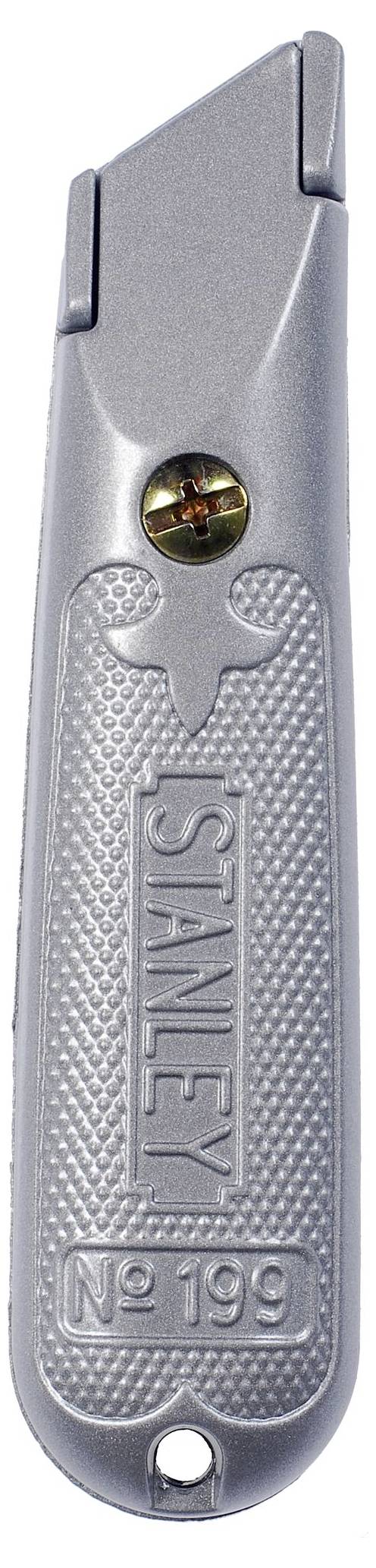 Grey, metallic utility knife with the handle marked 'STANLEY No. 199' and a visible screw for blade attachment.