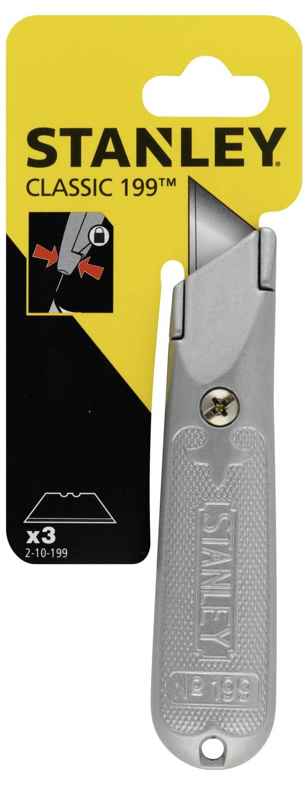 Stanley Universal Knife Classic 199 with yellow packaging. Knife in silver colour, showing blades and holder.