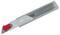 A grey craft knife in a transparent case with a retractable blade. A red arrow points to the blade at the end.