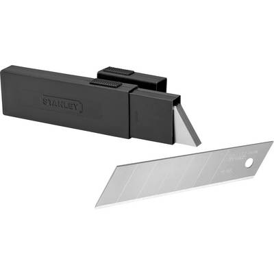 Black container with the 'STANLEY' brand, contains several trapezoidal replacement blades for utility knives. The blades are silvery and sharp.