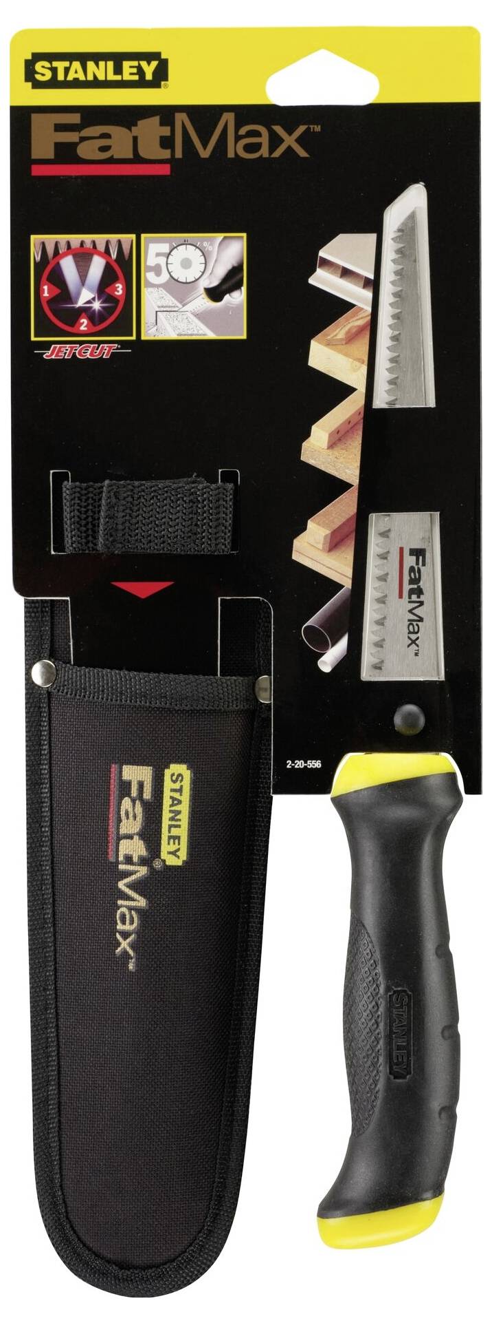 'Stanley FatMax saw, shown in packaging, with case and ergonomic handle. Suitable for precise wood cutting.'