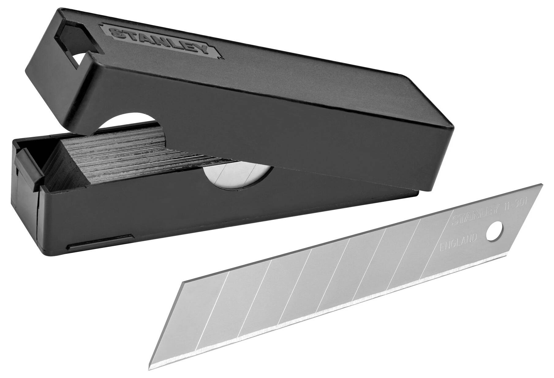 A black container for storing snap-off blades is open. A single blade lies in front of it.