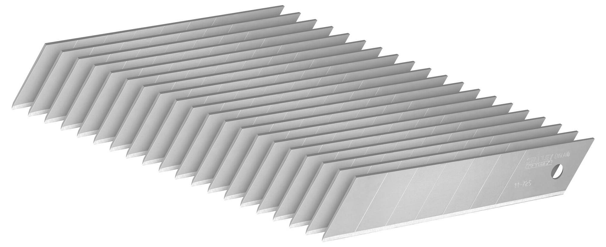 Silver, stacked razor blades in an angled stacked view, with each blade showing a slight upward tilt.