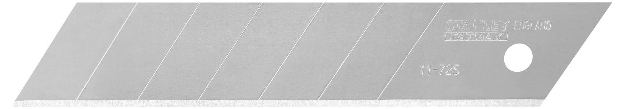 Silver snap-off blade of a utility knife with multiple pre-marked breaking points to remove worn blade sections.