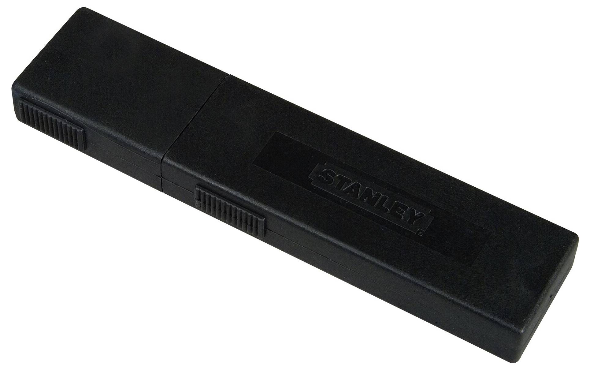 A black Stanley pencil sharpener, rectangular with two side sliding controls, used for sharpening pencils.