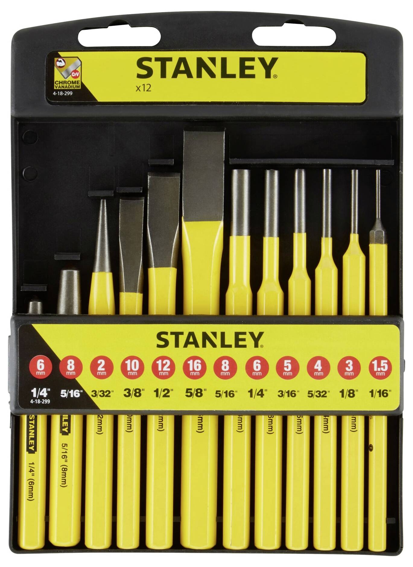 'Set of 12 yellow and black Stanley chisels and punches in various sizes, in a black plastic holder.'