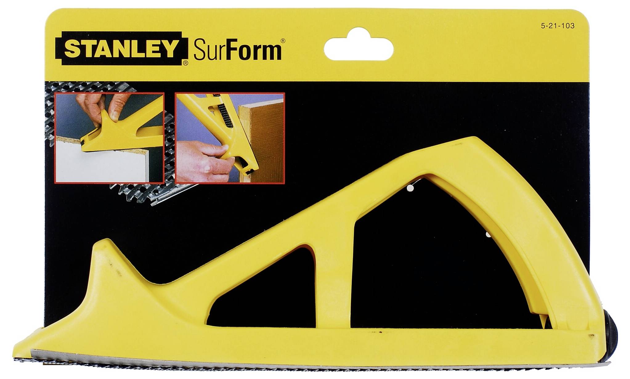 Yellow Stanley SurForm Rasp, pictured in its packaging, shows detailed images of its application when smoothing surfaces.