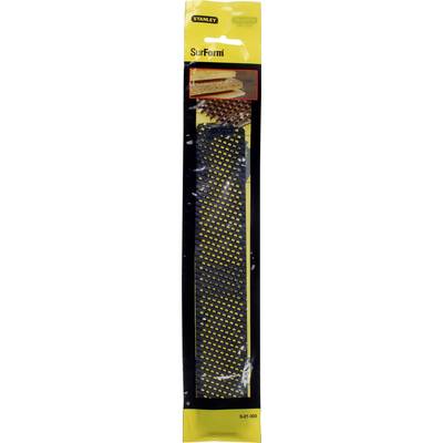 Yellow packaging for a Stanley Surform replacement saw blade. Includes an illustration of a piece of wood to demonstrate its use.