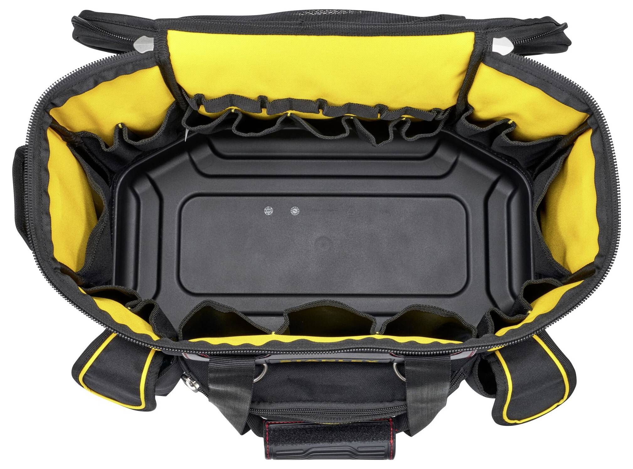Opened black tool bag with yellow inner lining, numerous compartments and robust base, viewed from above.