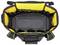 Opened black tool bag with yellow inner lining, numerous compartments and robust base, viewed from above.