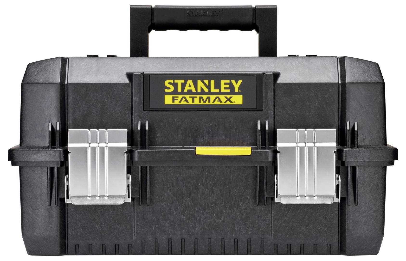 A black Stanley FatMax toolbox with silver latches and a yellow logo on the front.