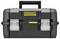 A black Stanley FatMax toolbox with silver latches and a yellow logo on the front.