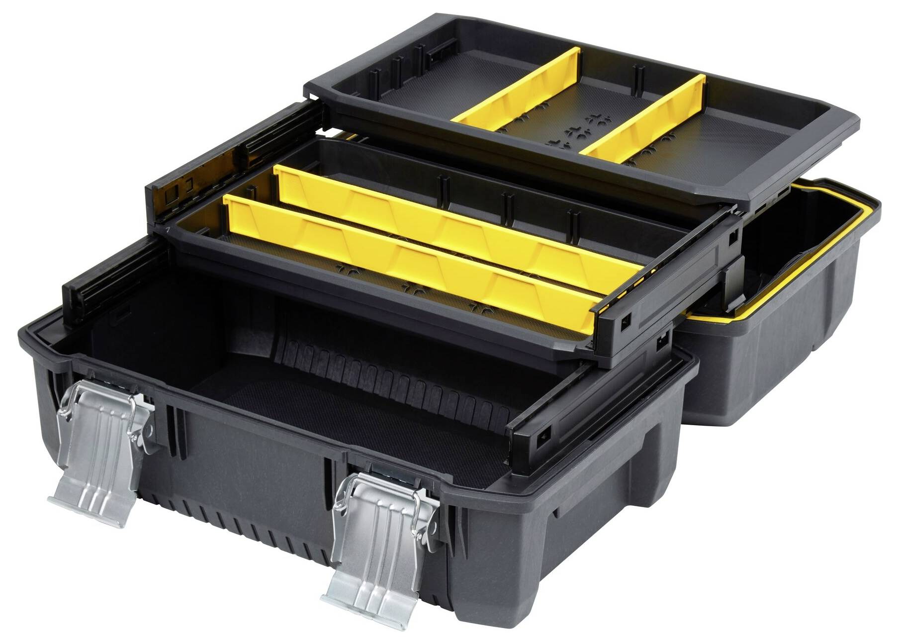 An open toolbox with multiple compartments. The compartments have yellow dividers and are suitable for organising tools.