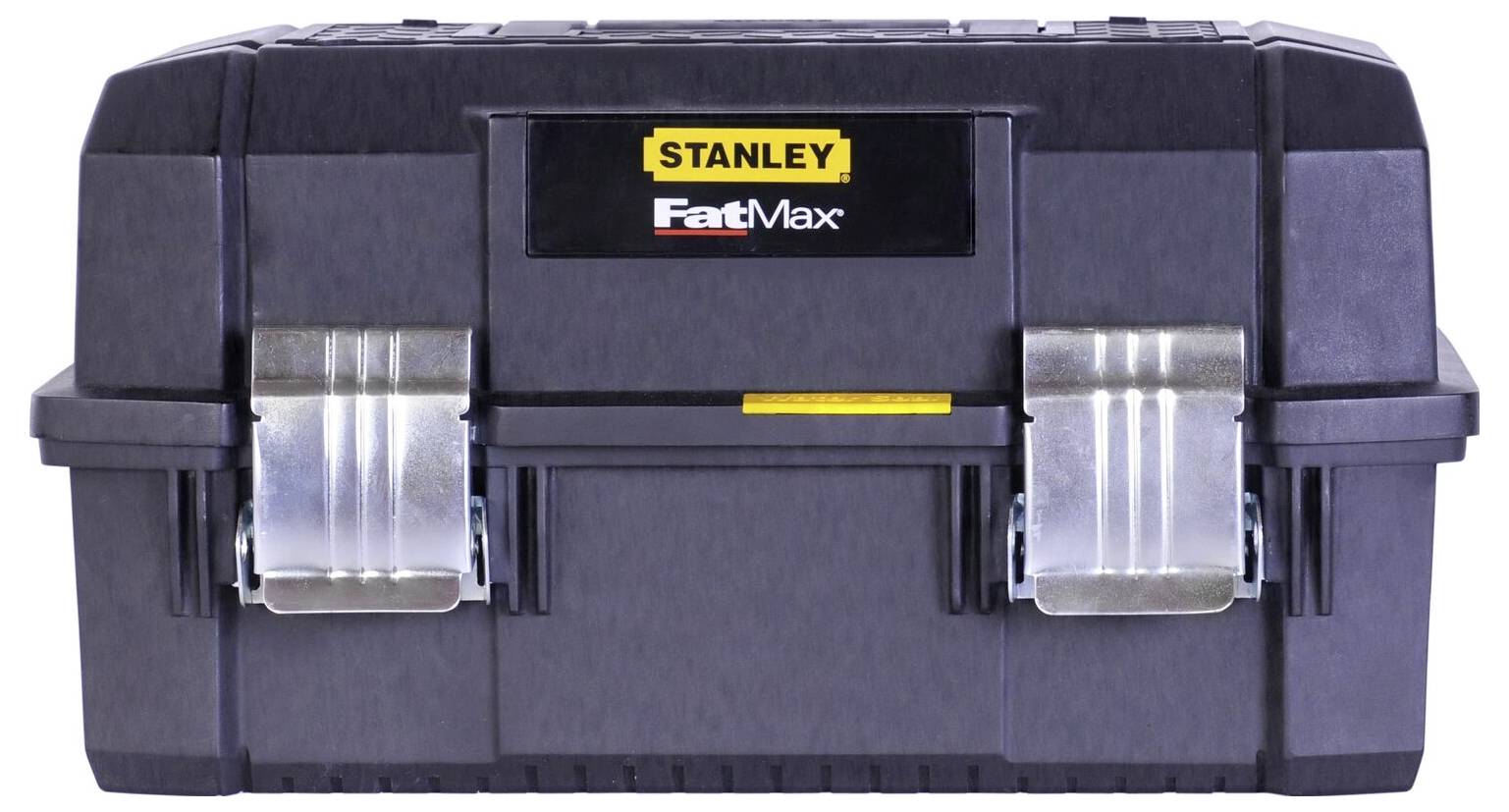 A closed, black Stanley FatMax tool case with two silver latches, suitable for storing tools.