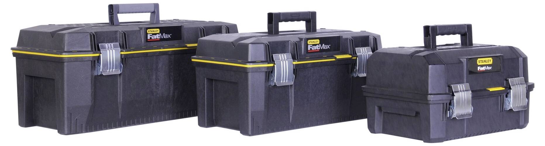 Three black toolboxes of different sizes with yellow lines and silver locks, standing on a white surface.