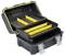 Open tool case with yellow compartments designed for organising tools. It features sturdy locks and a robust handle.
