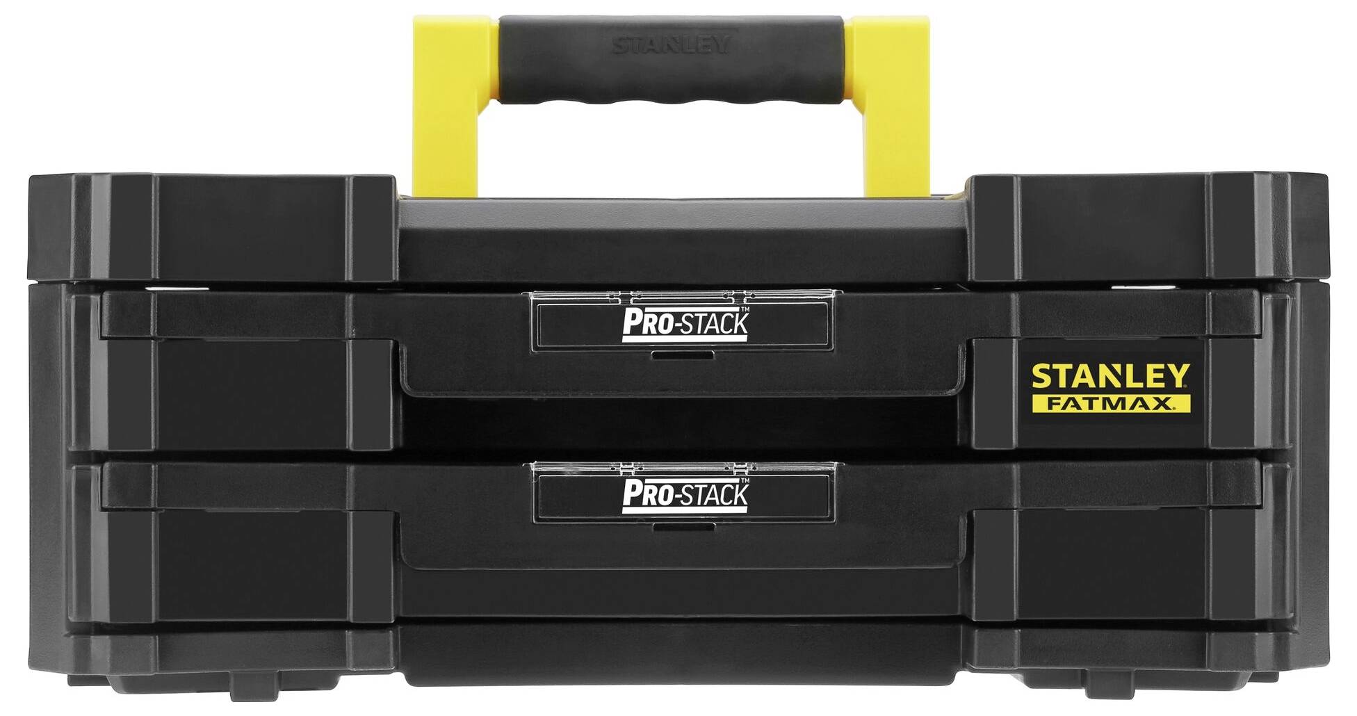 Black tool case with yellow handle and the inscription 'Stanley Fatmax ProStack', consisting of two drawers.
