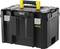 Black Stanley FATMAX Tool Box with yellow handle, robust design and metal latches, ideal for tool storage.