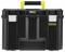 Black tool box with yellow handle and silver locks, 'Stanley FatMax' brand, robust design for professional use.