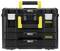 Black tool box with yellow handle, three stackable compartments and silver clasps. Labelled 'Stanley FatMax'.