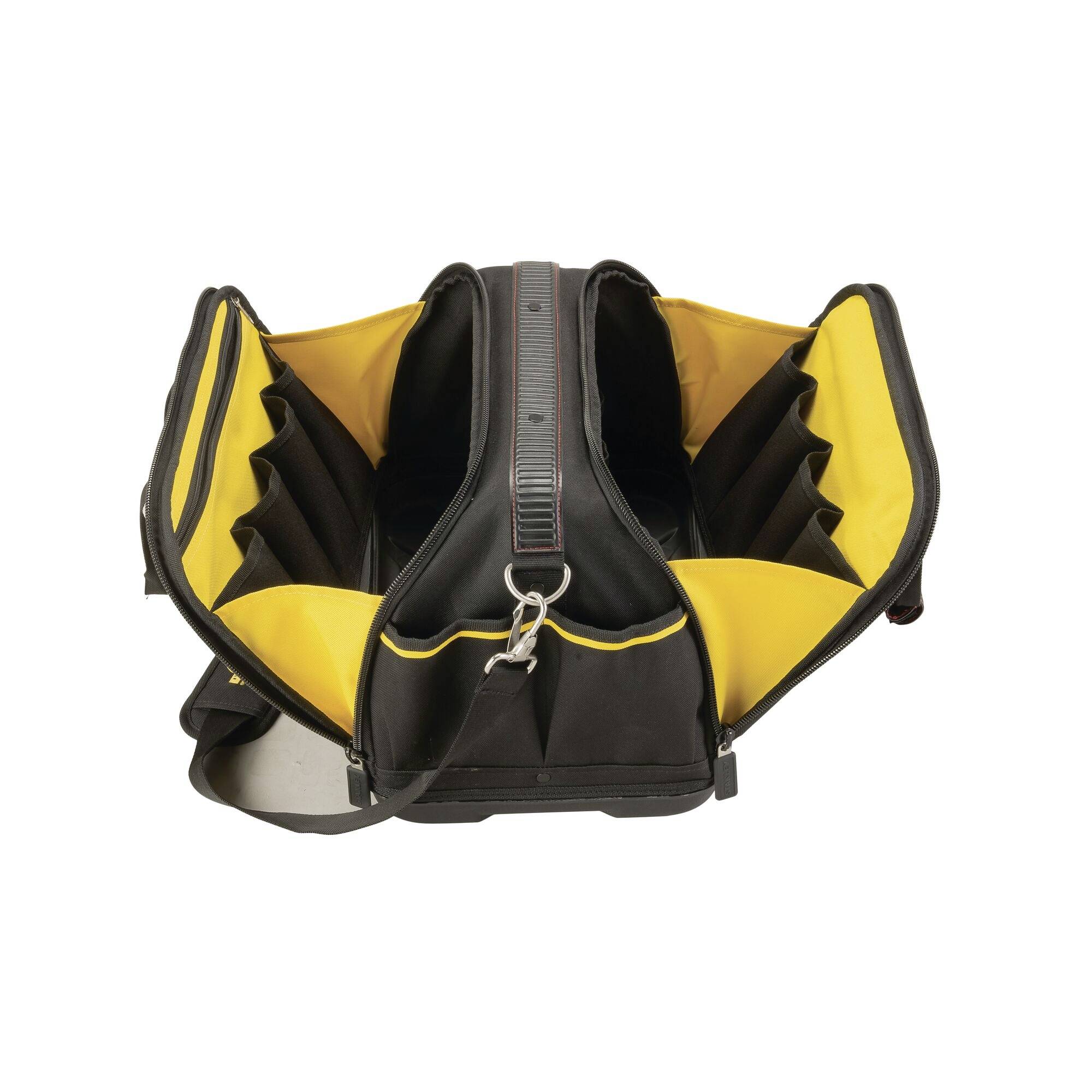 Open tool bag with yellow interior pockets and black fabric, featuring multiple compartments for tools and a key ring at the front.