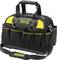 A black tool bag with yellow accents and the 'Stanley Fatmax' logo. Multiple external pockets and an adjustable shoulder strap are visible.