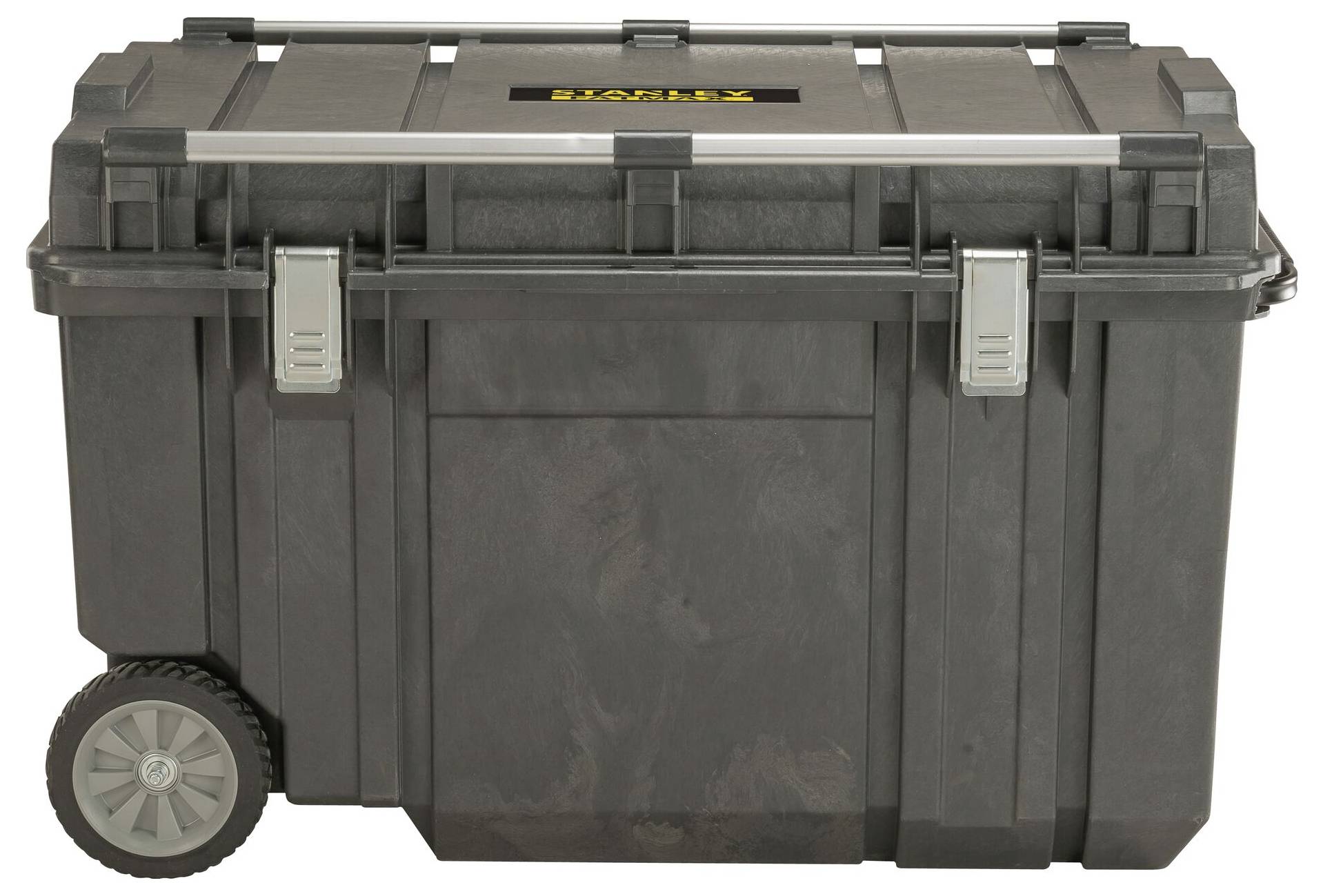 A large black toolbox with wheels and silver locks, showing the brand lettering on the top surface.