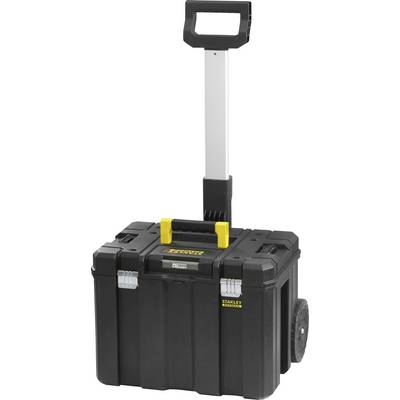 A black tool case with a yellow handle and an extendable telescopic handle, two wheels at the bottom, brand logo on the front.