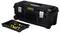 Black toolbox with metal clasps, including a removable compartment with screwdrivers, spirit level, and pliers.