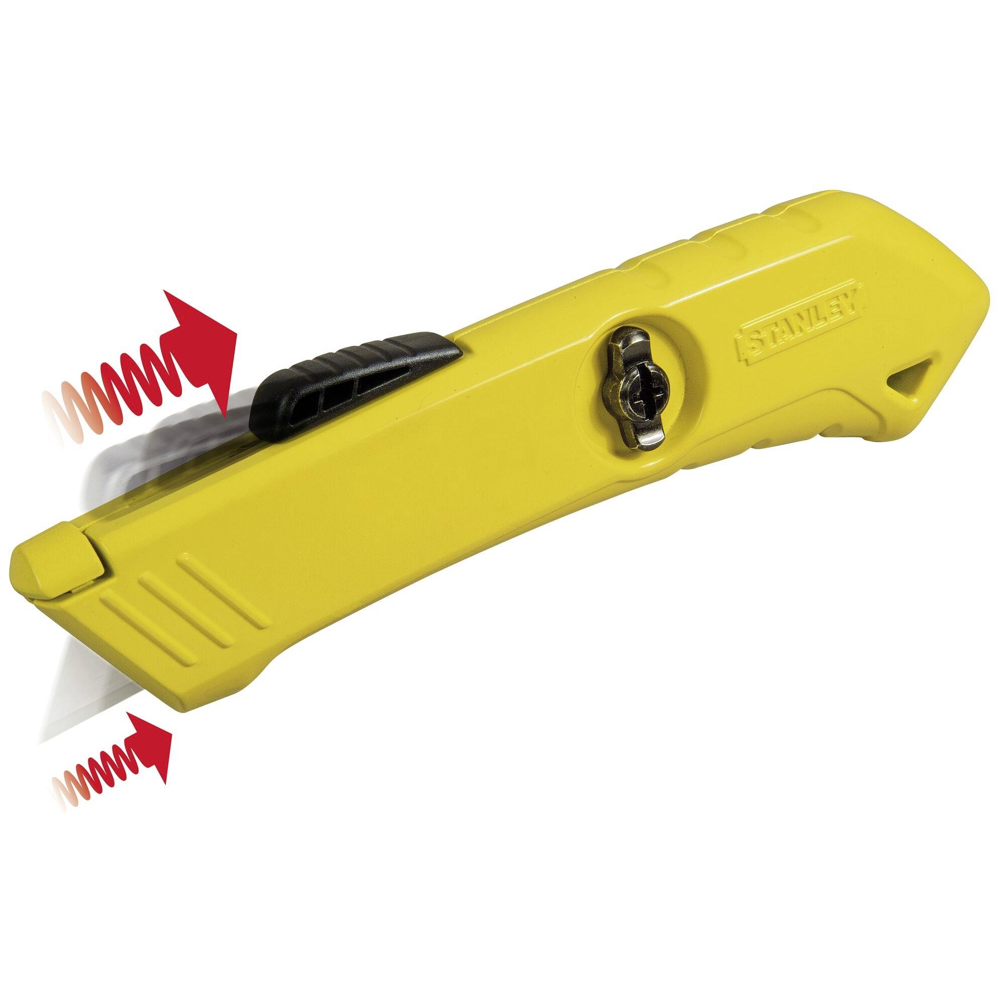 Yellow utility knife with a black sliding mechanism, red logo, and screw lock. Arrows indicate the blade movement mechanism.