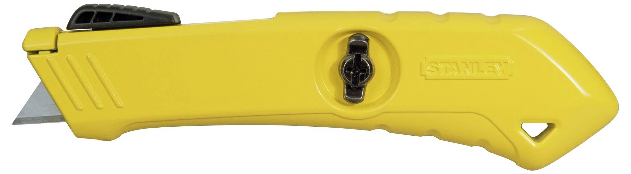 Yellow safety knife with retractable blade and black slider for securing and blade adjustment.