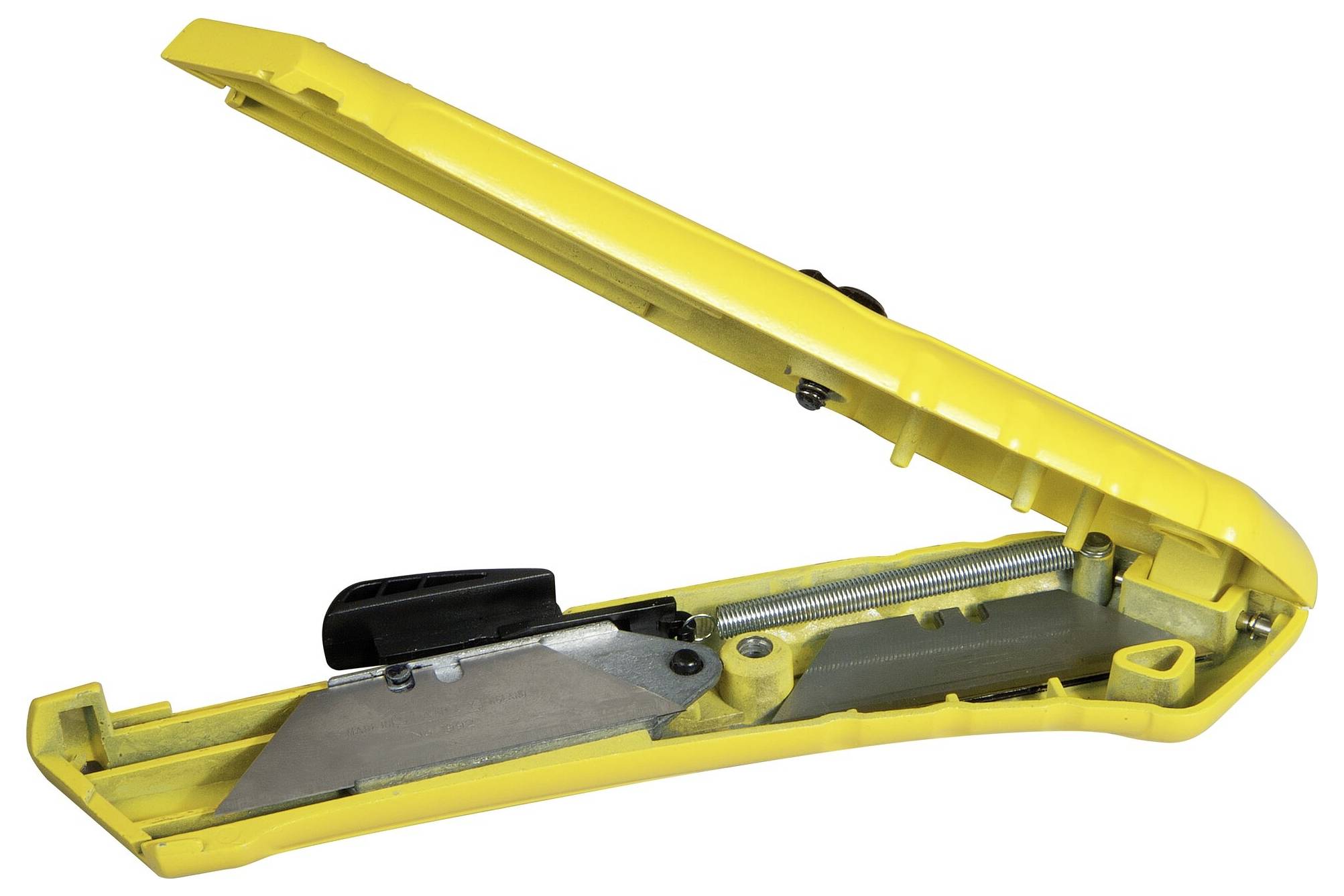 A yellow box cutter opened, with blade and spring mechanism visible.