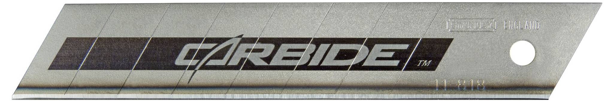 Metallic razor blade with the inscription 'CARBIDE' in the centre, featuring a perforated opening for attachment.