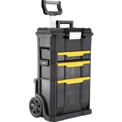 A black, wheeled toolbox with yellow accents and multiple compartments. Adjustable handle for easy transportation.