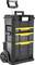 A black, wheeled toolbox with yellow accents and multiple compartments. Adjustable handle for easy transportation.