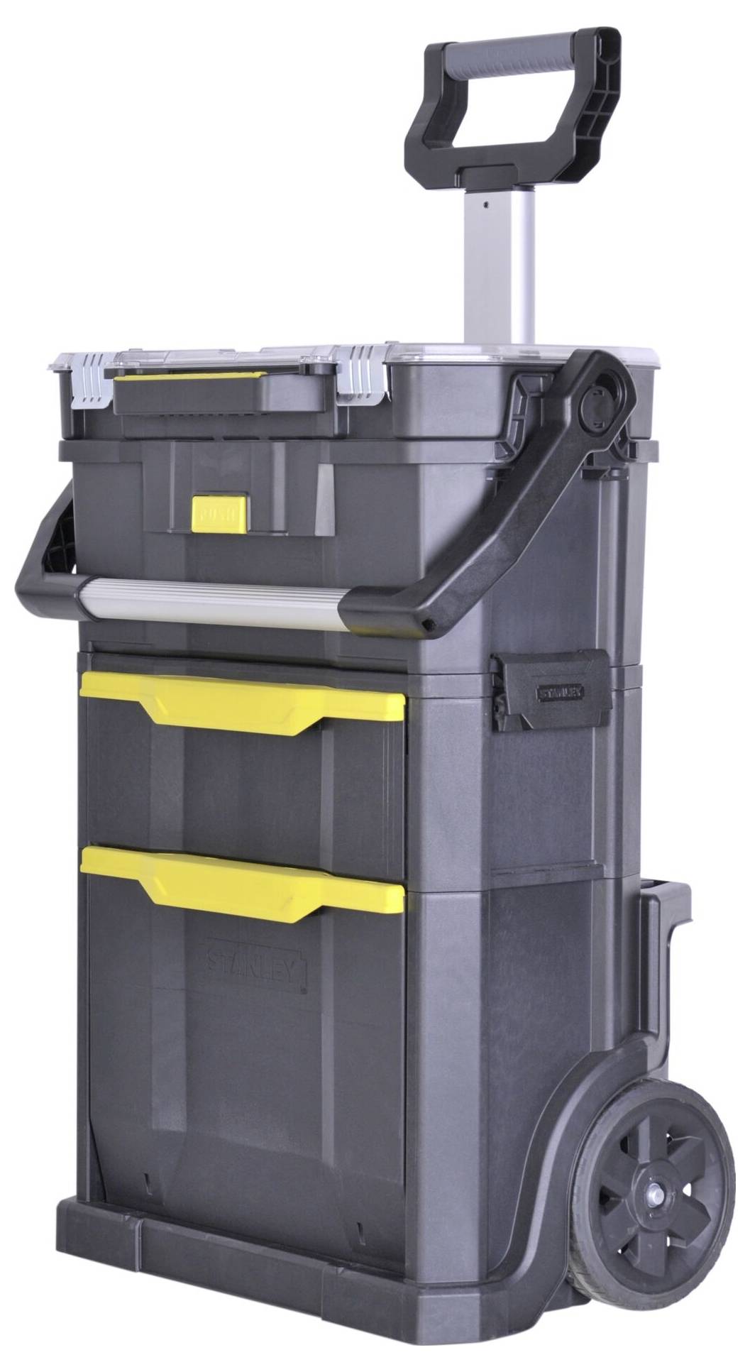 A black, portable tool case with large wheels and yellow handles, standing upright and ready for transport.