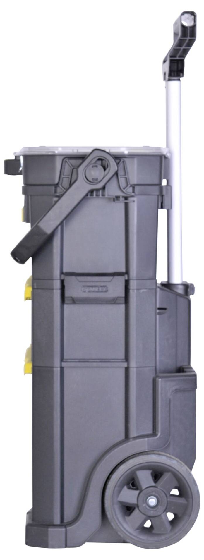 Mobile tool case with extendable handle and large wheels, suitable for transporting tools on construction sites or workshops.