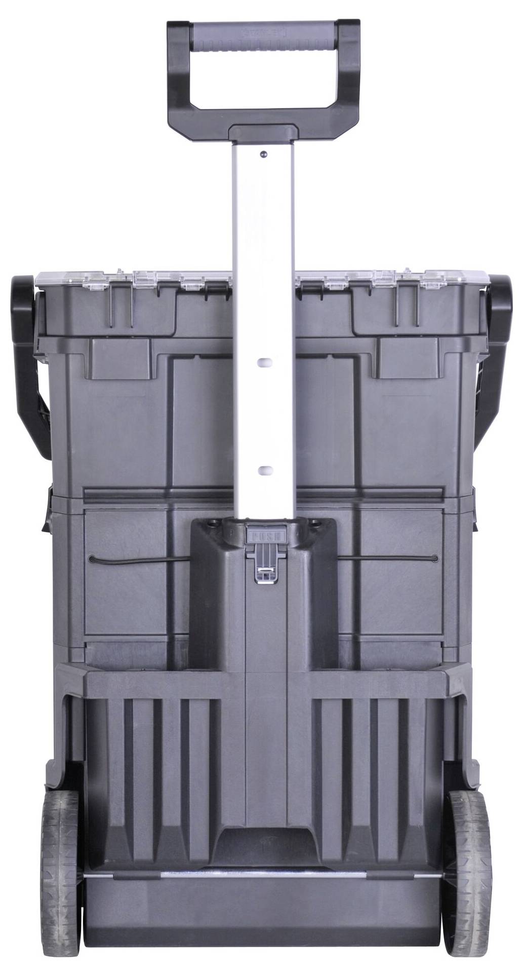 Black tool case on wheels with extendable handle, suitable for transporting tools, demonstrates robust construction.